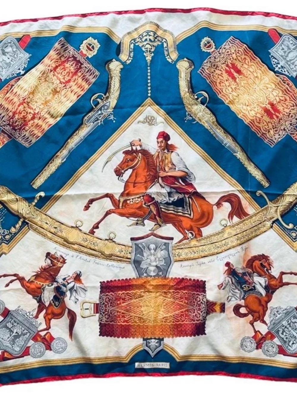 Hermes Silk Scarf in Blue, Gold, Red and Gray - Picture 5 of 6